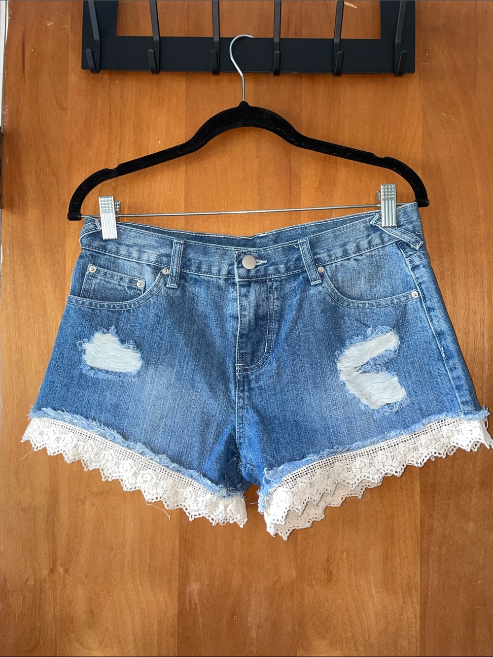 Rachel Blue Distressed Denim Shorts with White Lace Trim